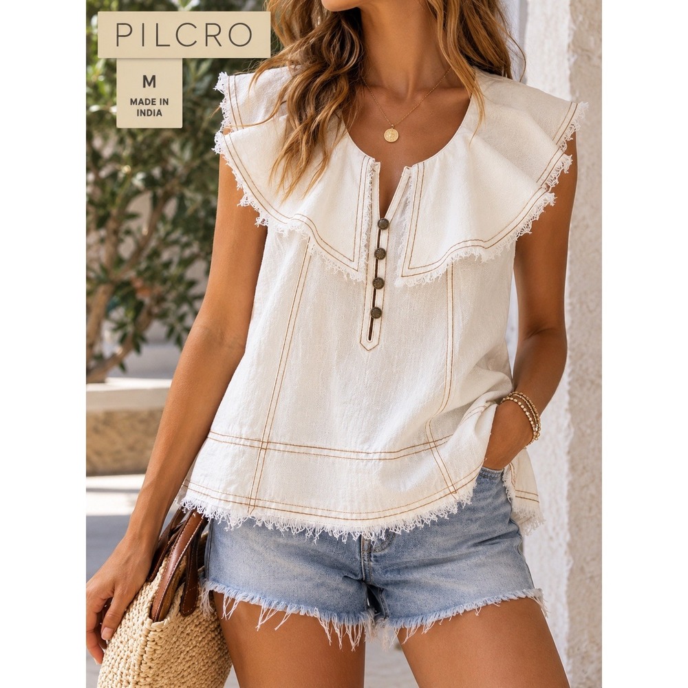 Pilcro Anthropologie White Cotton Linen Ruffle Collar Sleeveless Blouse Medium